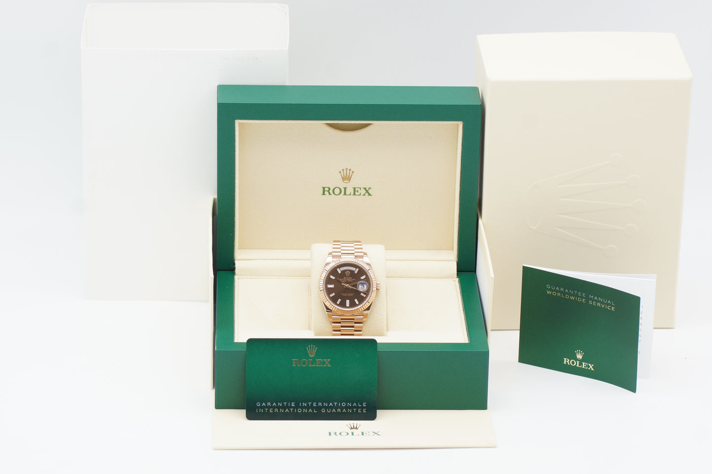 Rolex Day-Date 40 Roségold 228235 Choco Baguette Diamant Full-Set 2020