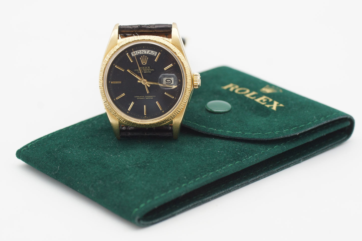 Rolex Day-Date 36 1807 Schwarz 18K Gelbgold 1970 Borkenlunette