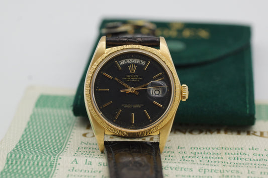 Rolex Day-Date 36 1807 Schwarz 18K Gelbgold 1970 Originalpapiere