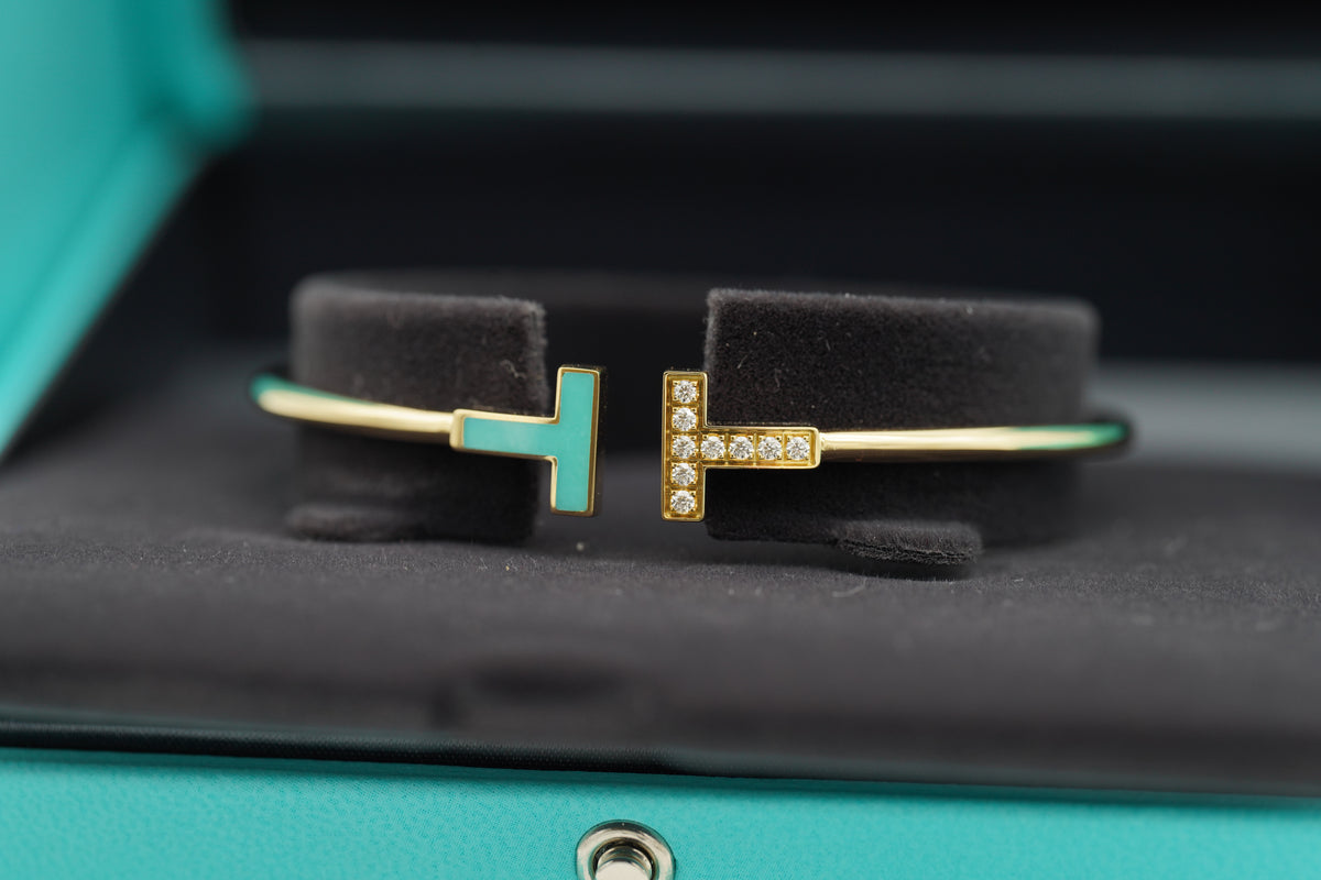 Tiffany & Co. T Wire Armreif 18k Gelbgold Türkis Diamanten NP 6.000 €
