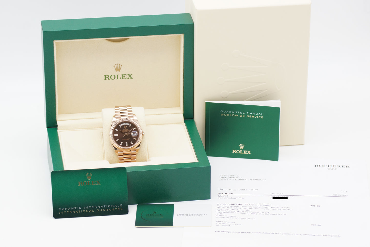 Rolex Day-Date 40 Roségold 228235 Choco Baguette Diamant Full-Set 2020 Service 2025