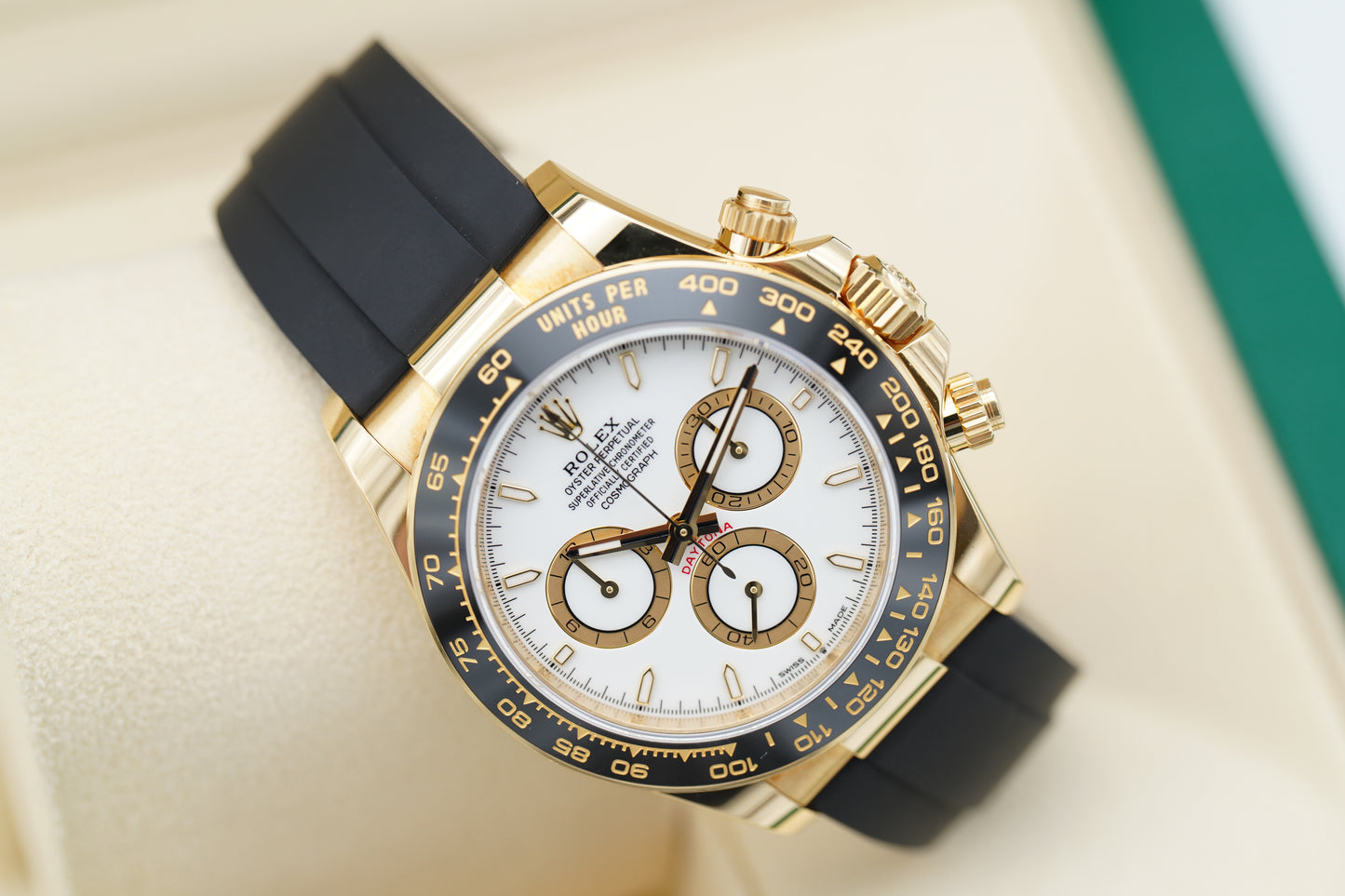 Rolex Daytona 126518LN Gelbgold Oysterflex Weiß 2024