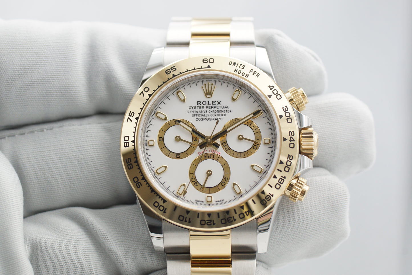 Rolex Cosmograph Daytona Weiß 116503 Gelbgold Full-Set 2022 LC100